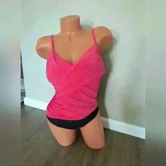 Aqua Green Ruched Womens One Piece Bathing Suit Pink Black Medium - Picture 1 of 5